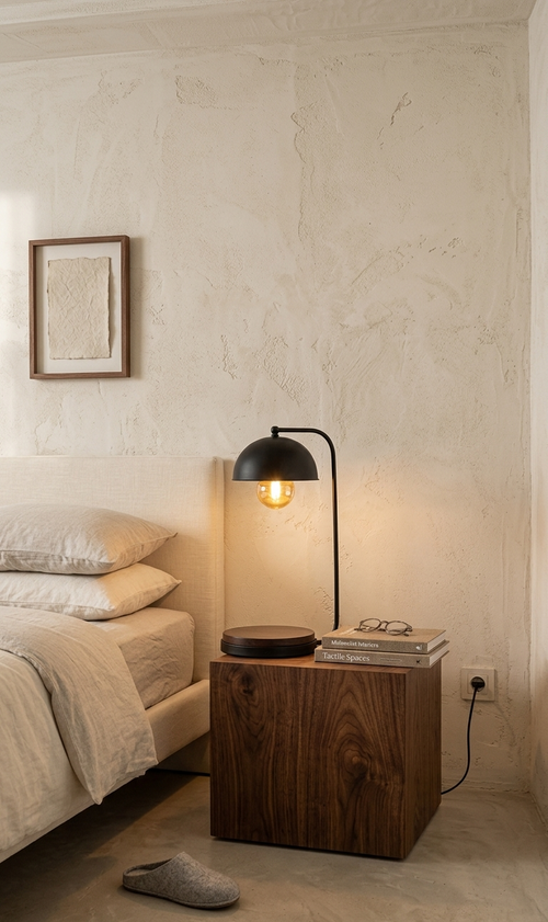 Lámpara de mesa artesanal BELINA Beuyani en interior decorado – iluminación ambiental de estilo orgánico y natural para dormitorio o sala