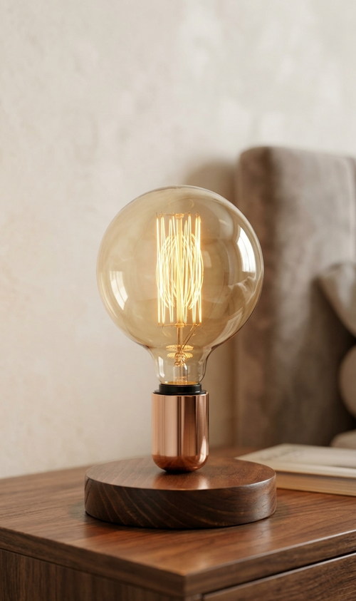 Lámpara de mesa BIDO Beuyani en mesita de noche – iluminación decorativa en madera y acero para dormitorio minimalista