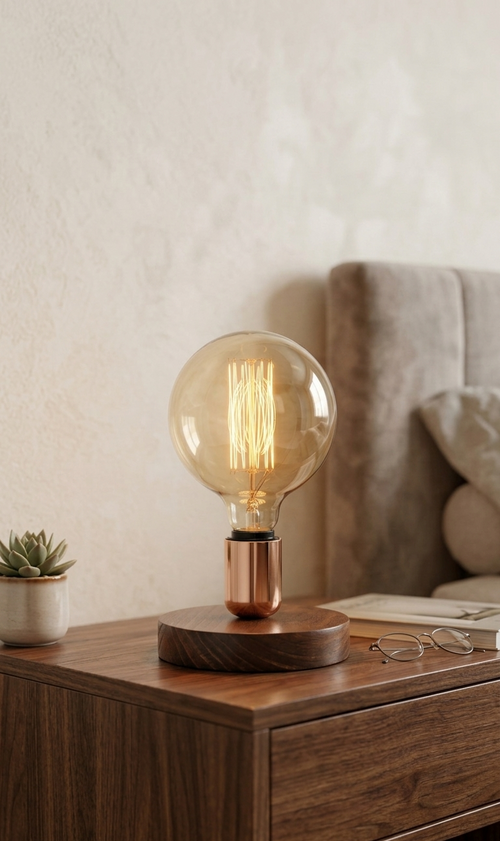 Lámpara de mesa BIDO Beuyani en mesita de noche – iluminación decorativa en madera y acero para dormitorio minimalista