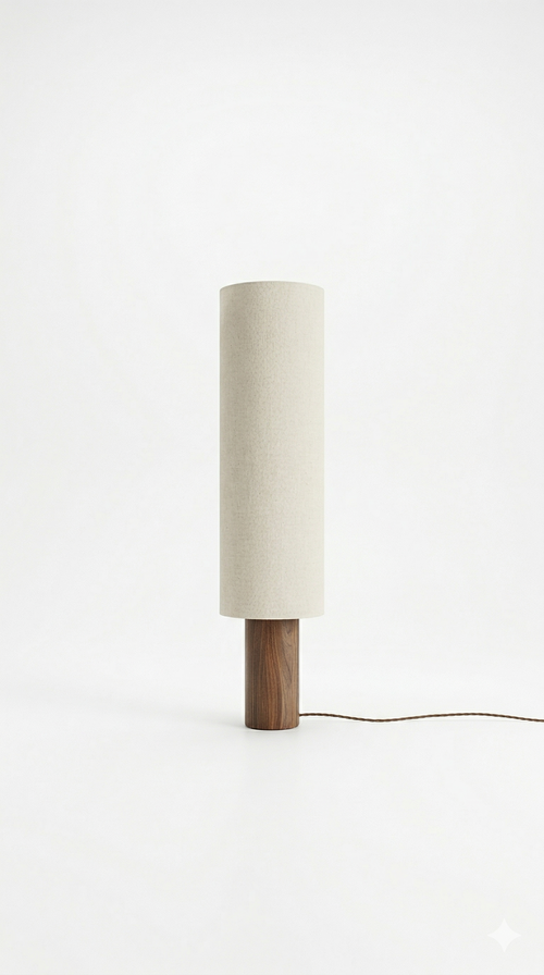 Lámpara Fran Nogal de Beu Yani con base cilíndrica de madera y pantalla alargada de tela neutra sobre fondo blanco