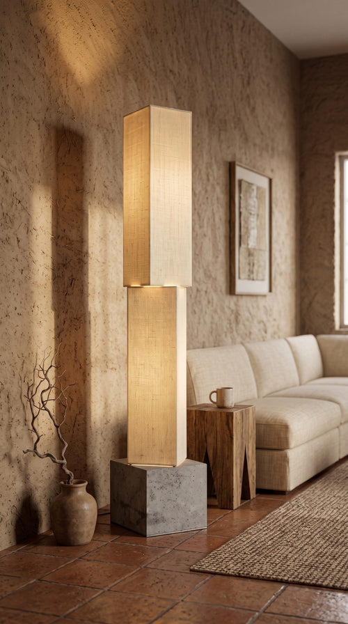 Lámpara de piso PICASSO, columna de luz en yute sobre base de cantera gris – vista 2